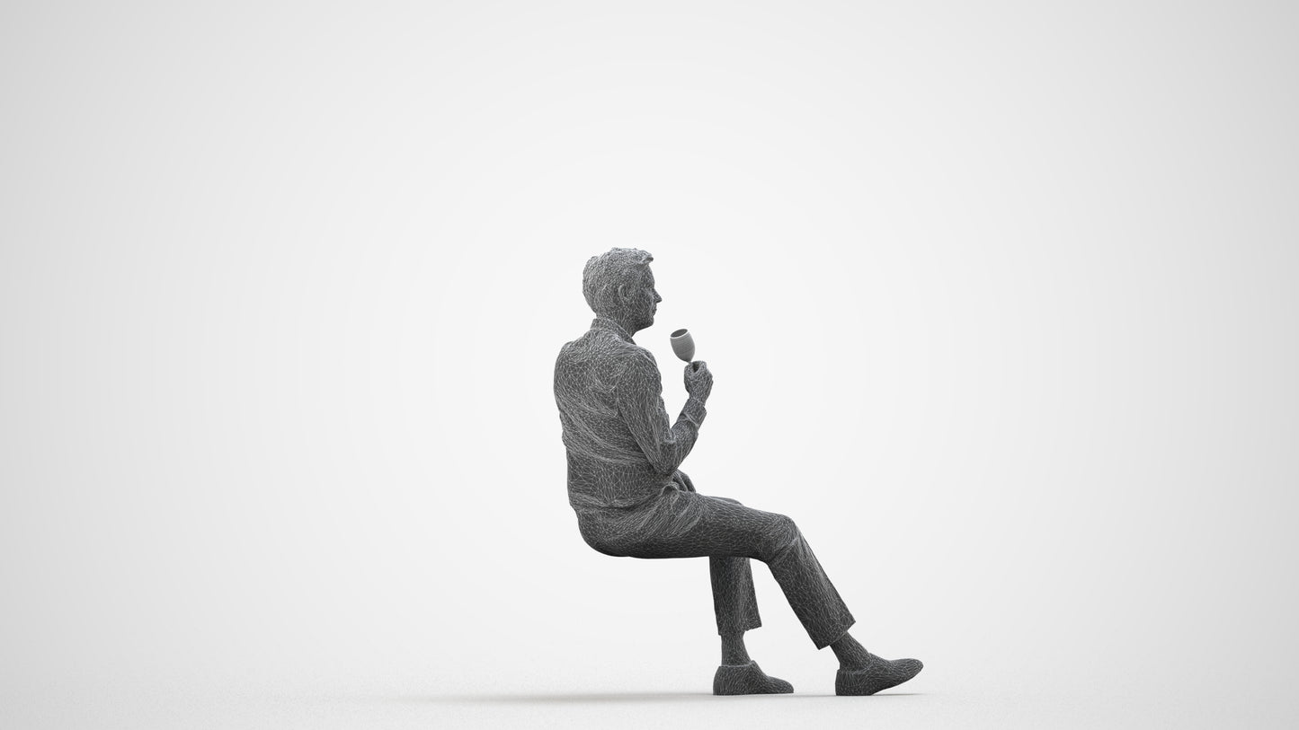 3D human model man business sitting, photogrammetry scanned person for archviz, wireframe side view
