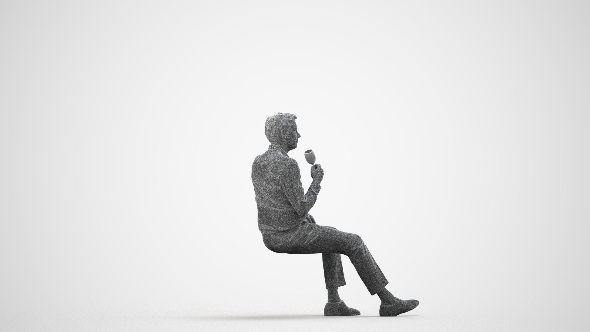 3D human model man business sitting, photogrammetry scanned person for archviz, wireframe side view