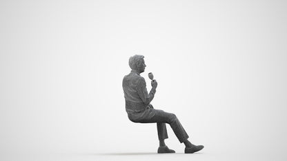 3D human model man business sitting, photogrammetry scanned person for archviz, wireframe side view