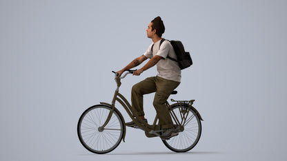 photogrammetry 3D man casual cycling, realistic human model archviz FBX, three-quarter view render