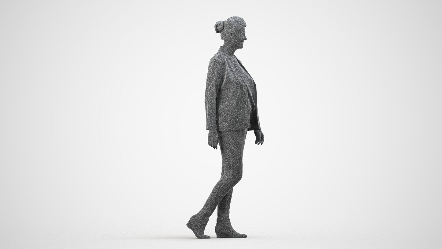 3D scanned woman walking business, photorealistic archviz people for Enscape and SketchUp, wireframe side view