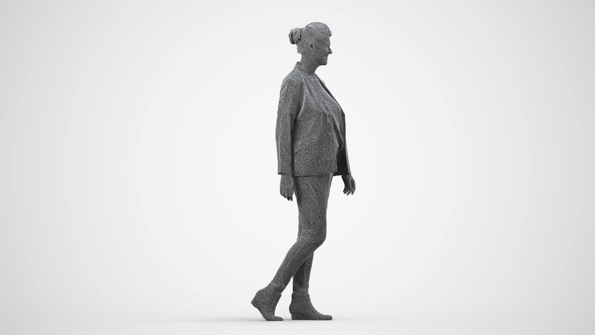 3D scanned woman walking business, photorealistic archviz people for Enscape and SketchUp, wireframe side view