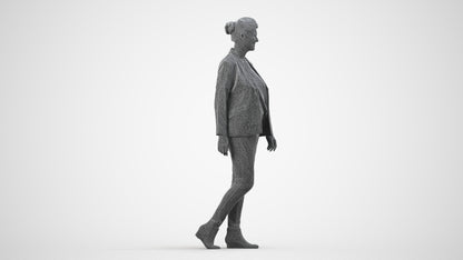 3D scanned woman walking business, photorealistic archviz people for Enscape and SketchUp, wireframe side view