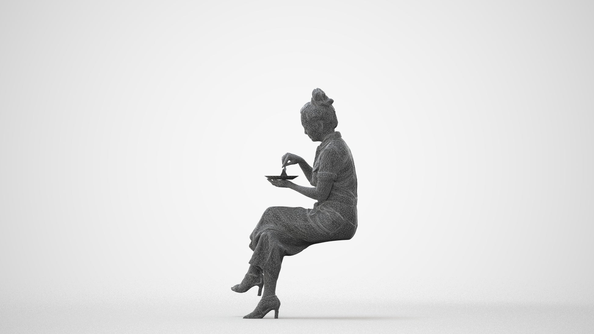 photogrammetry 3D woman formal sitting, realistic human model archviz FBX, square thumbnail