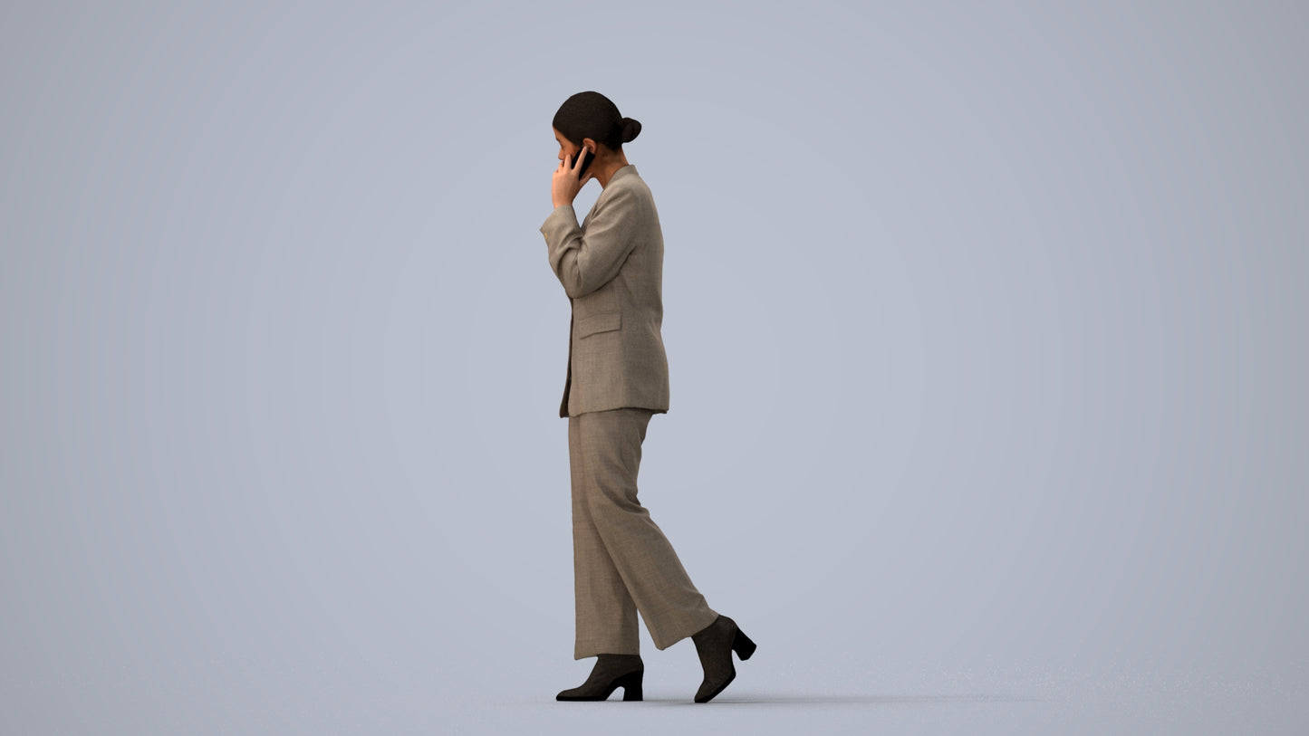 3D scanned woman walking business, photorealistic archviz people for Enscape and SketchUp, three-quarter view render