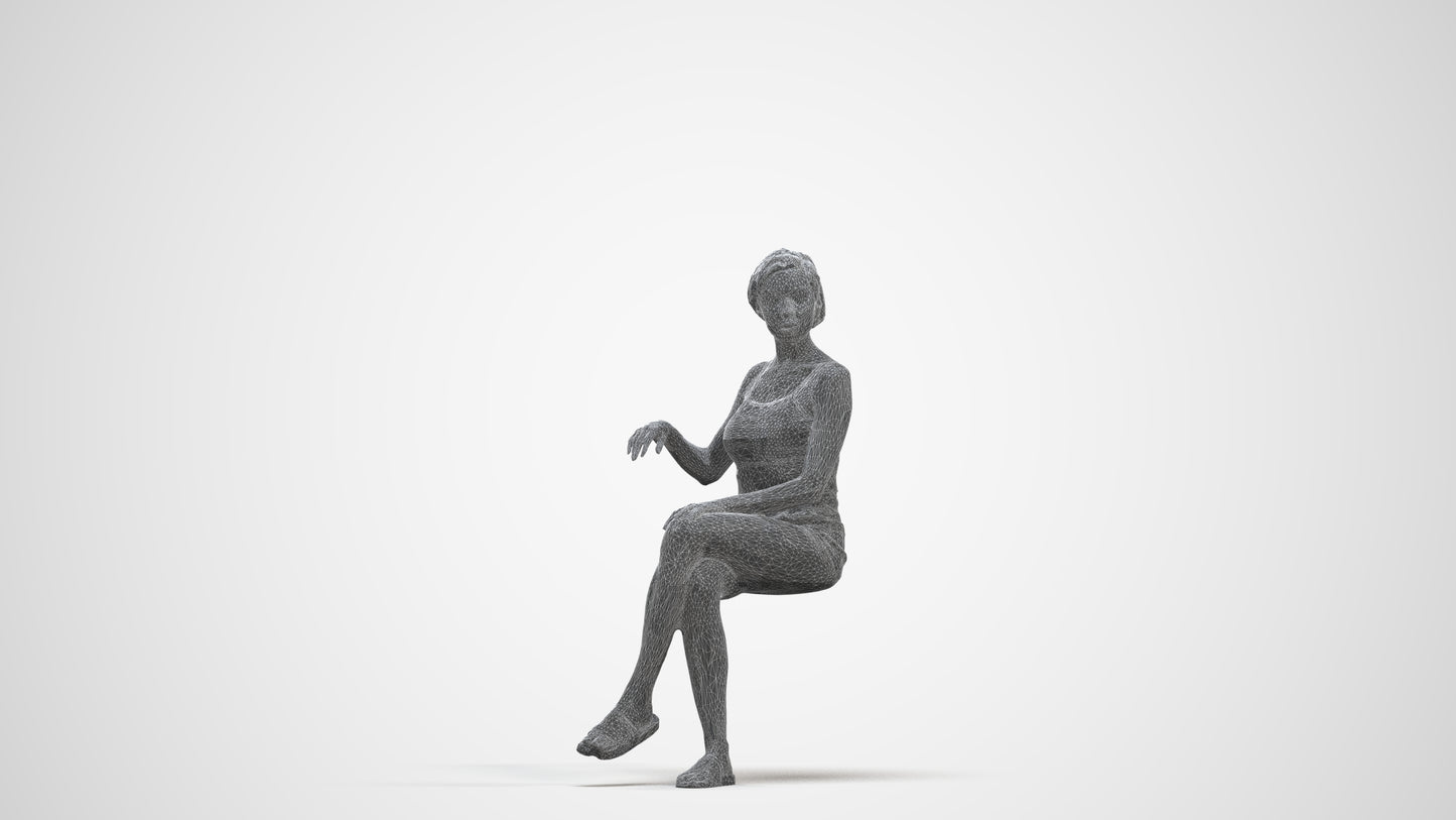 3D human model woman casual sitting, photogrammetry scanned person for archviz, three-quarter front view render