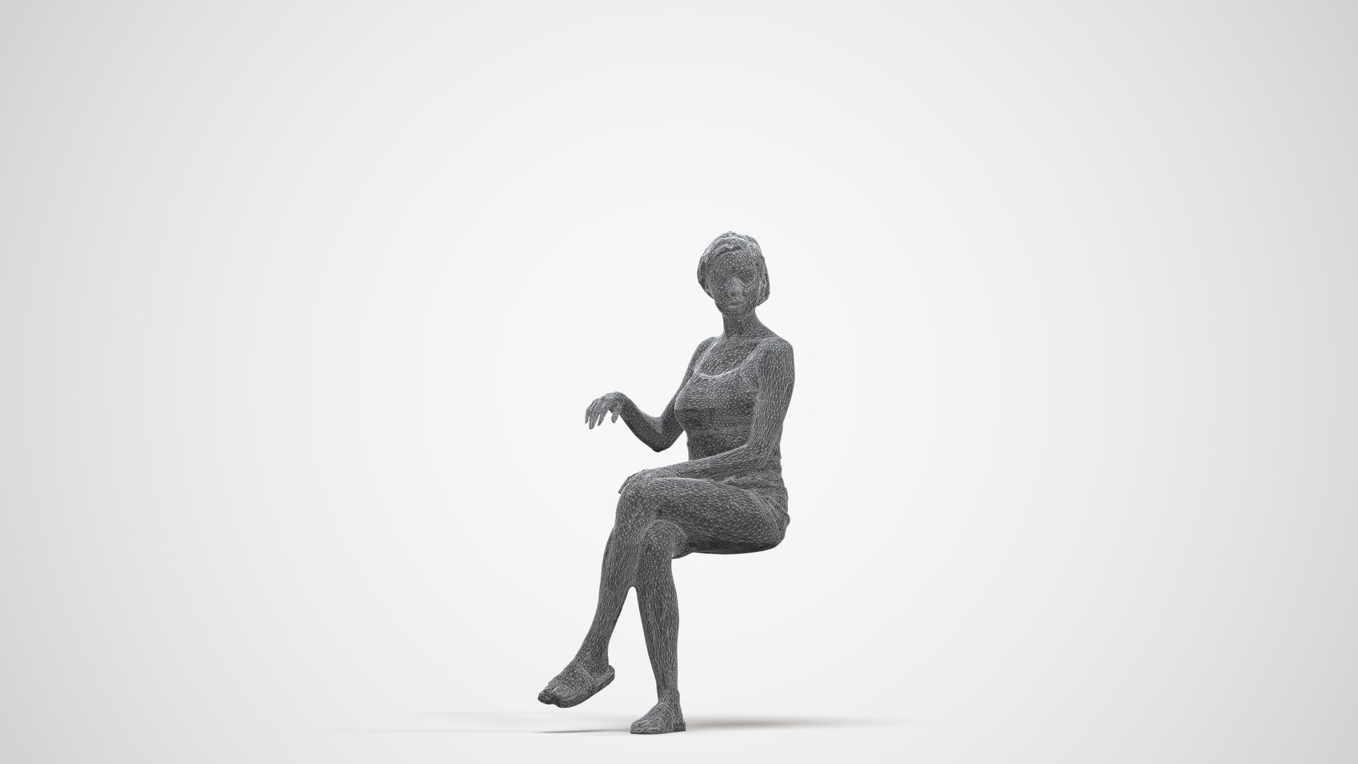 3D human model woman casual sitting, photogrammetry scanned person for archviz, three-quarter front view render