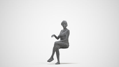 3D human model woman casual sitting, photogrammetry scanned person for archviz, three-quarter front view render