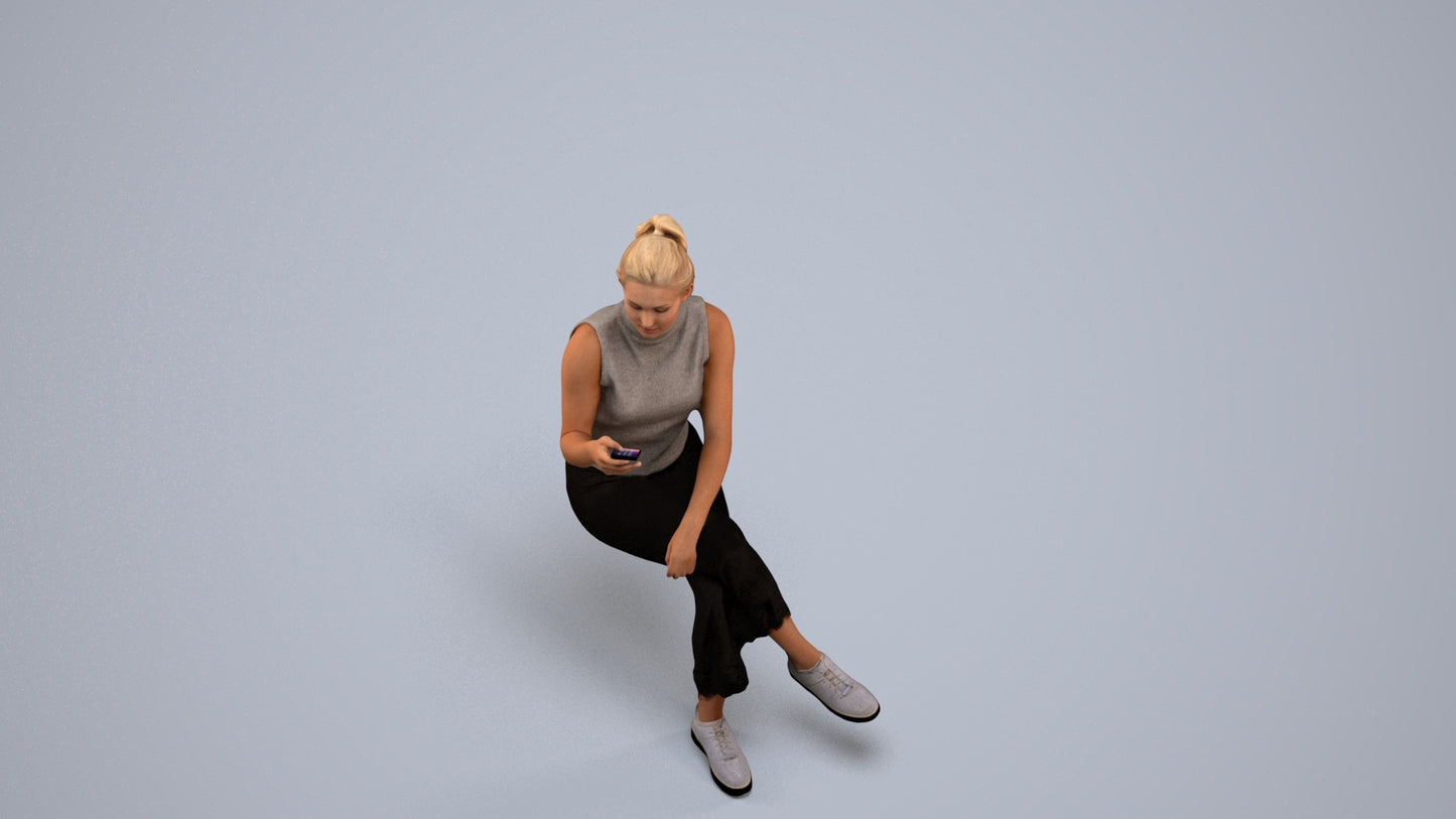 photogrammetry 3D woman casual sitting, realistic human model archviz FBX, back view render