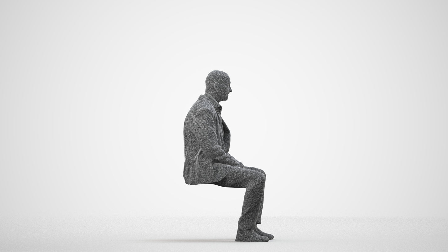 3D scanned senior man business, photorealistic archviz people for Enscape and SketchUp, wireframe side view