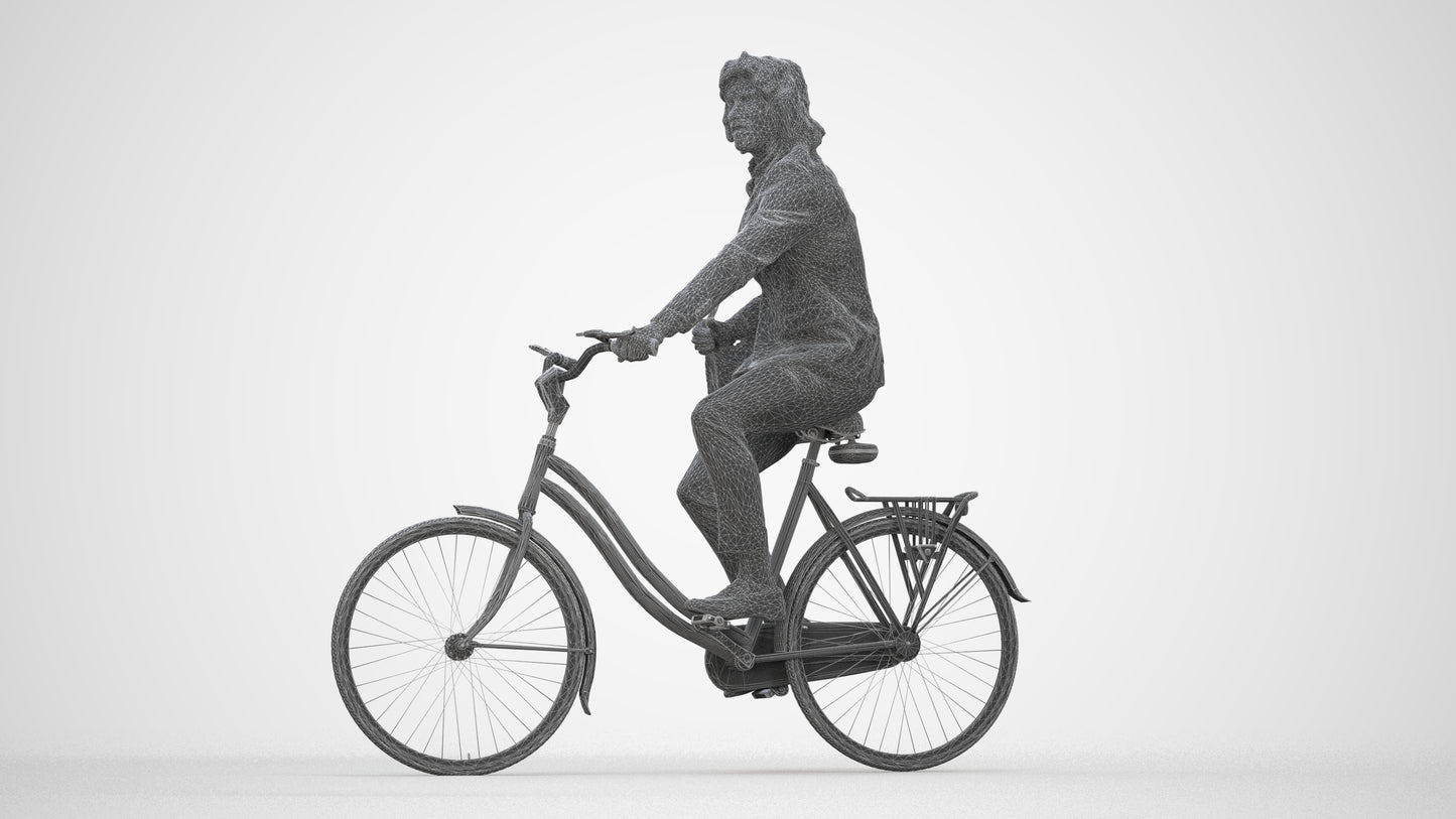 3D human model man business cycling, photogrammetry scanned person for archviz, wireframe back view