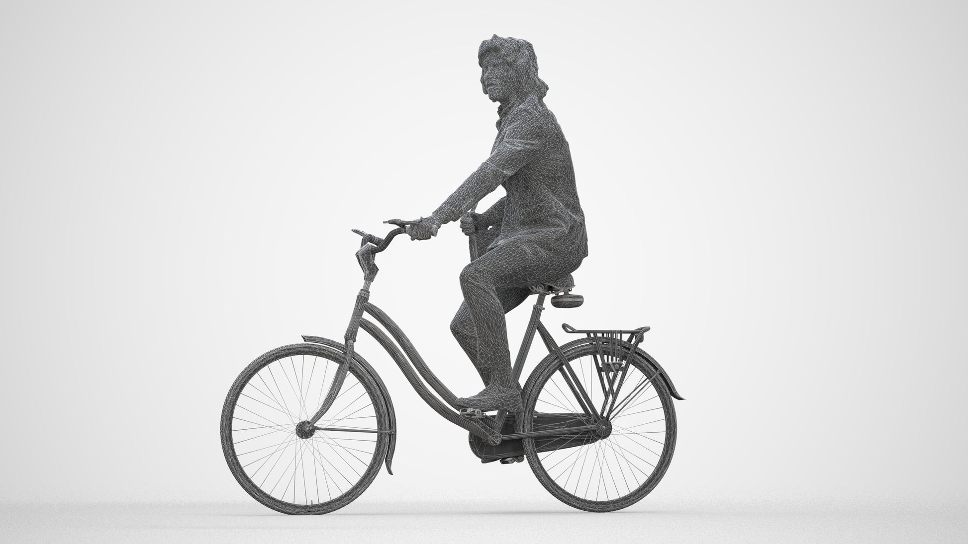 3D human model man business cycling, photogrammetry scanned person for archviz, wireframe back view