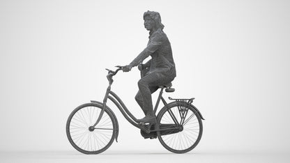 3D human model man business cycling, photogrammetry scanned person for archviz, wireframe back view