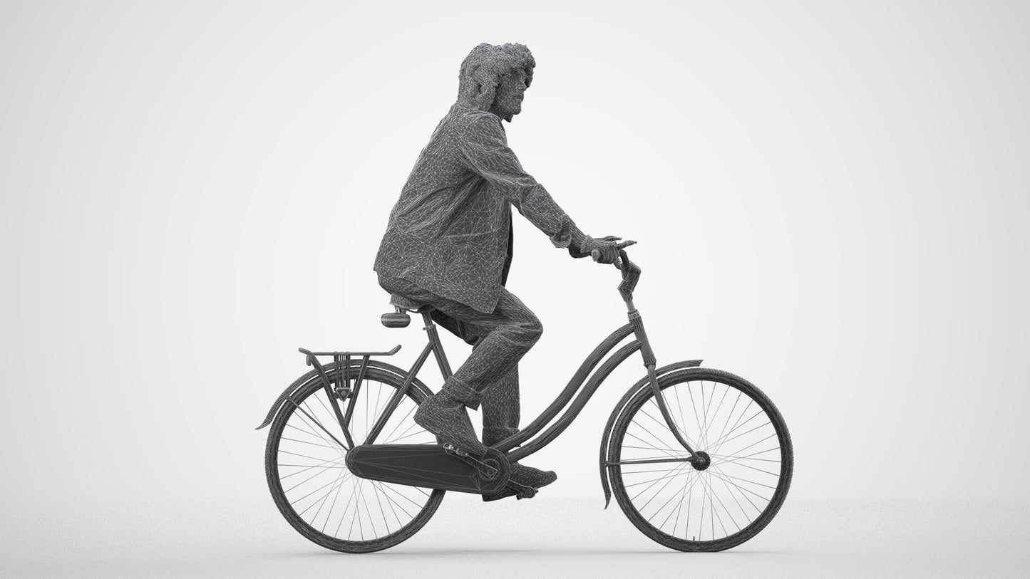 scanned 3D man casual cycling, photogrammetry people for Enscape and V-Ray, wireframe side view