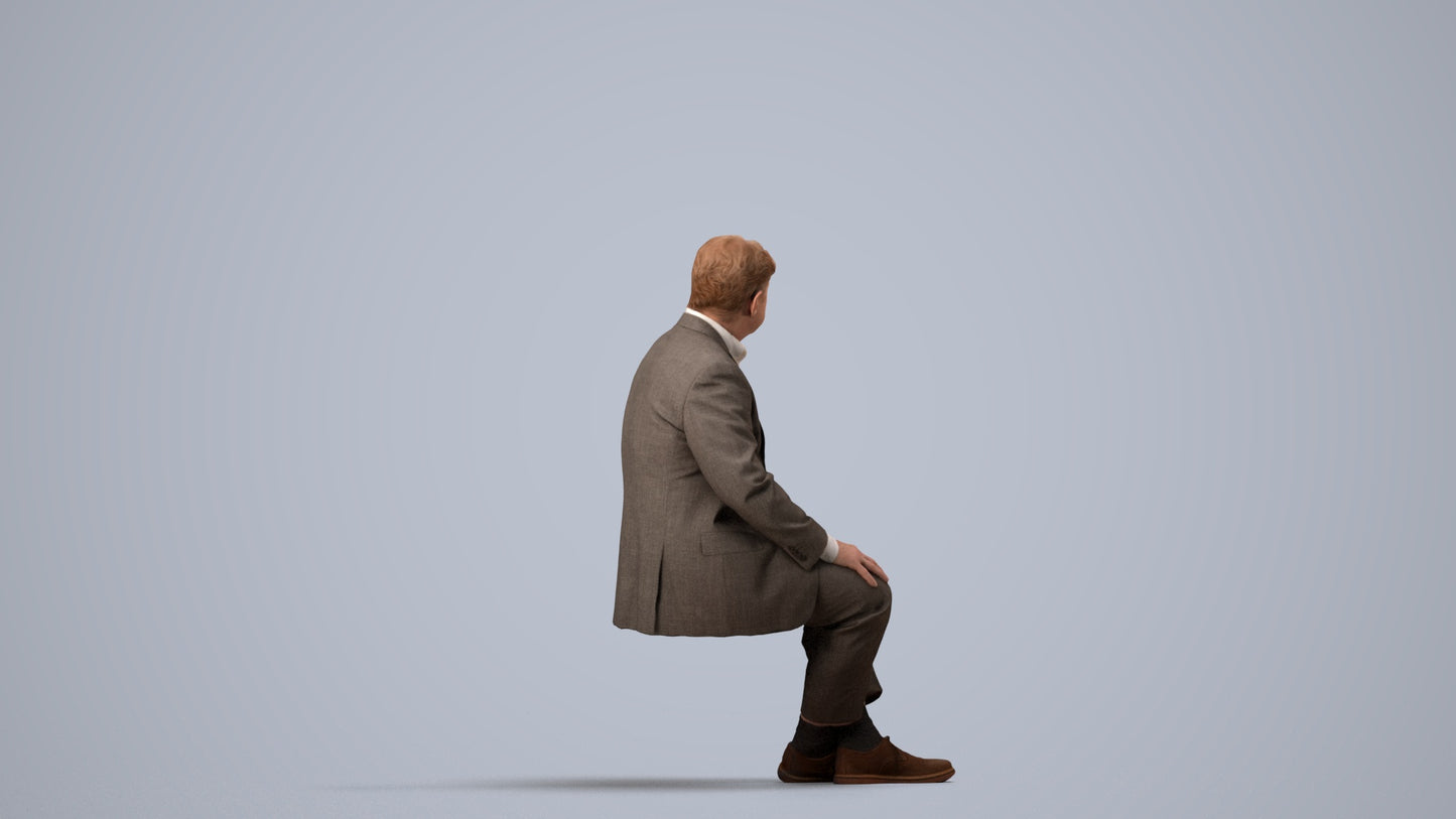 3D people model senior man business sitting, scanned human for 3ds Max rendering, side view render