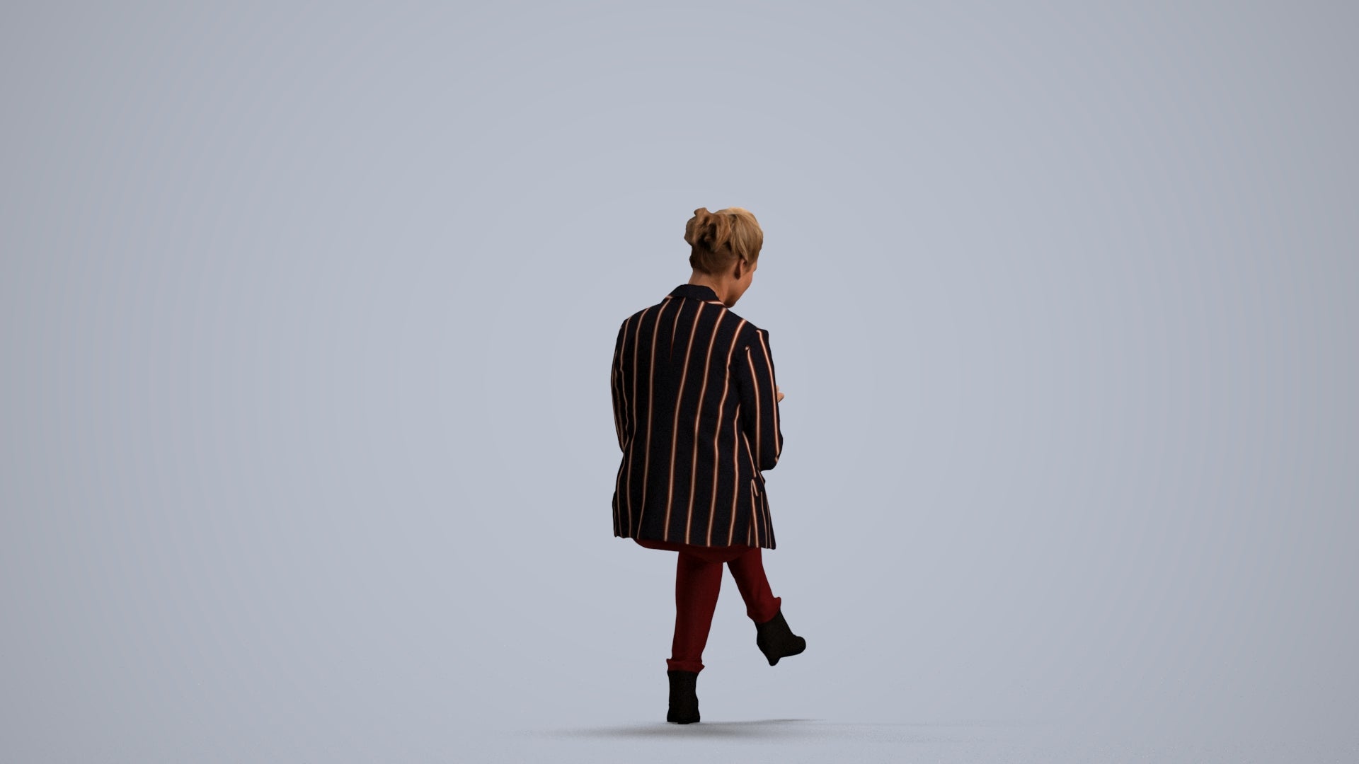 3D human model woman business sitting, photogrammetry scanned person for archviz, front view render