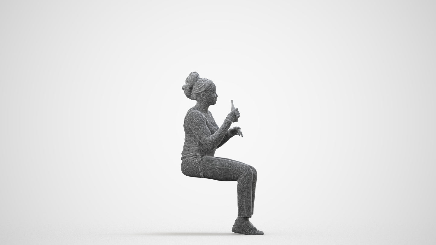 photogrammetry 3D woman casual sitting, realistic human model archviz FBX, wireframe side view