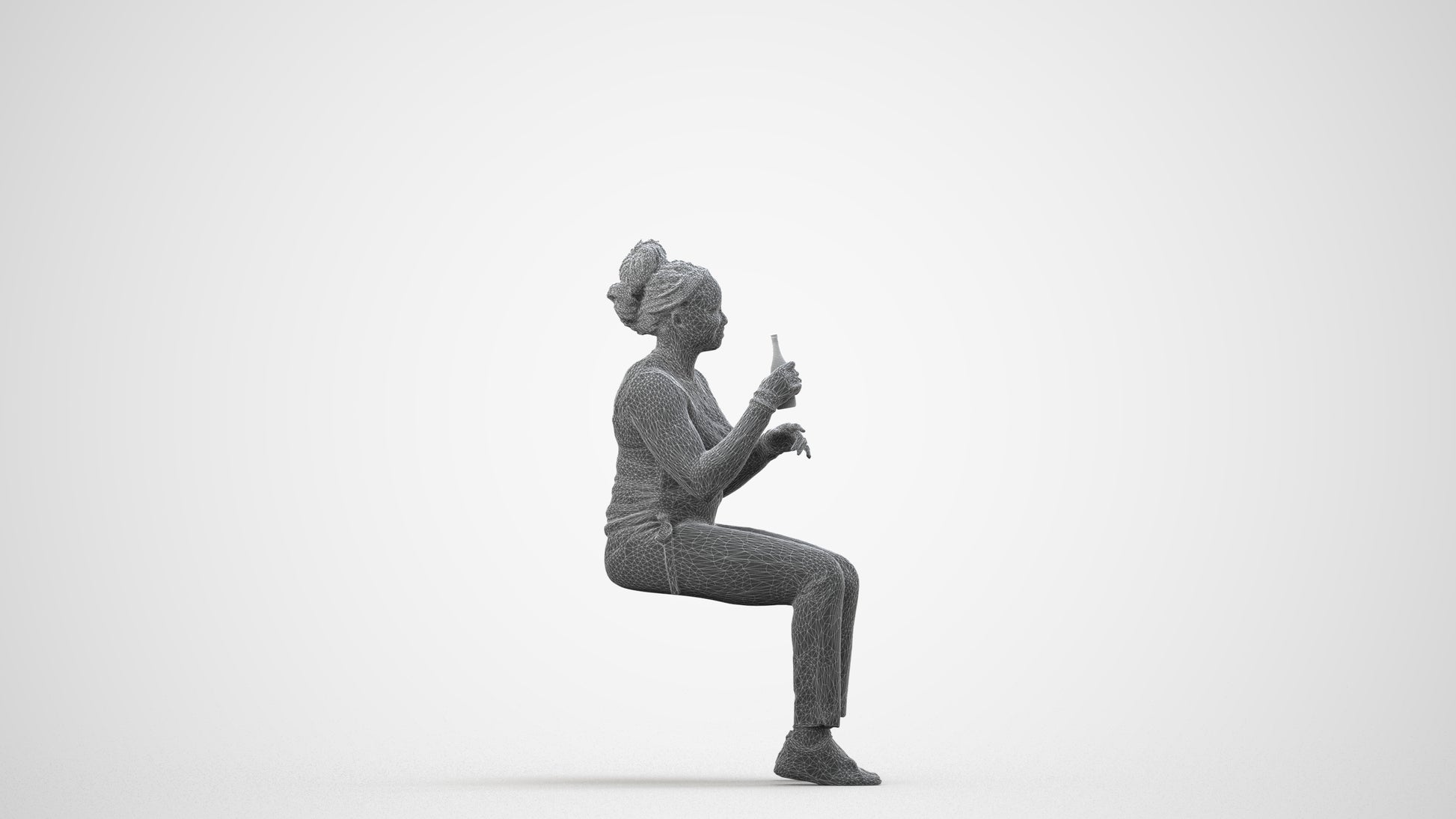 photogrammetry 3D woman casual sitting, realistic human model archviz FBX, wireframe side view