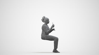photogrammetry 3D woman casual sitting, realistic human model archviz FBX, wireframe side view