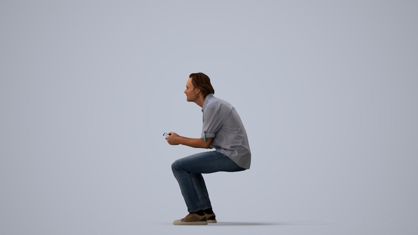 photogrammetry 3D man casual sitting, realistic human model archviz FBX, three-quarter view render