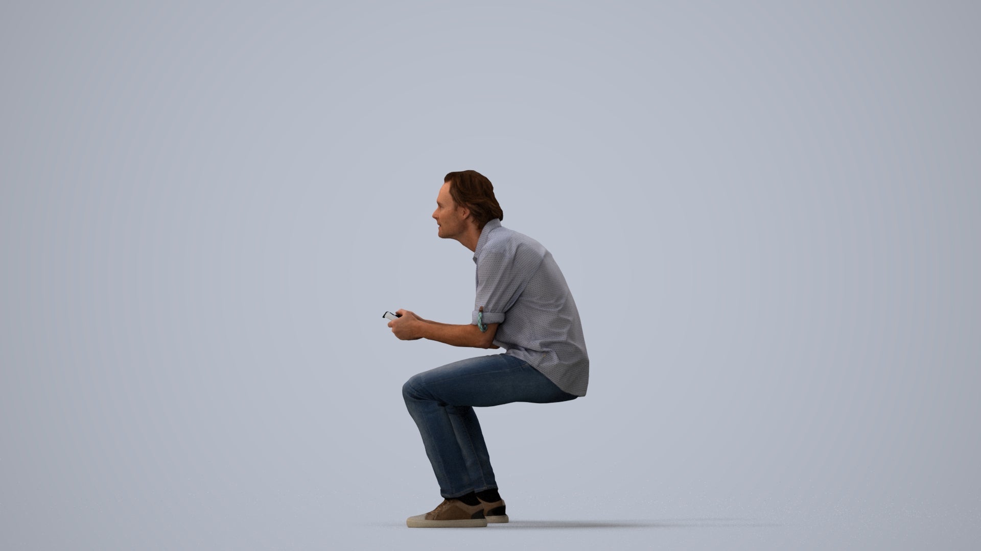photogrammetry 3D man casual sitting, realistic human model archviz FBX, three-quarter view render