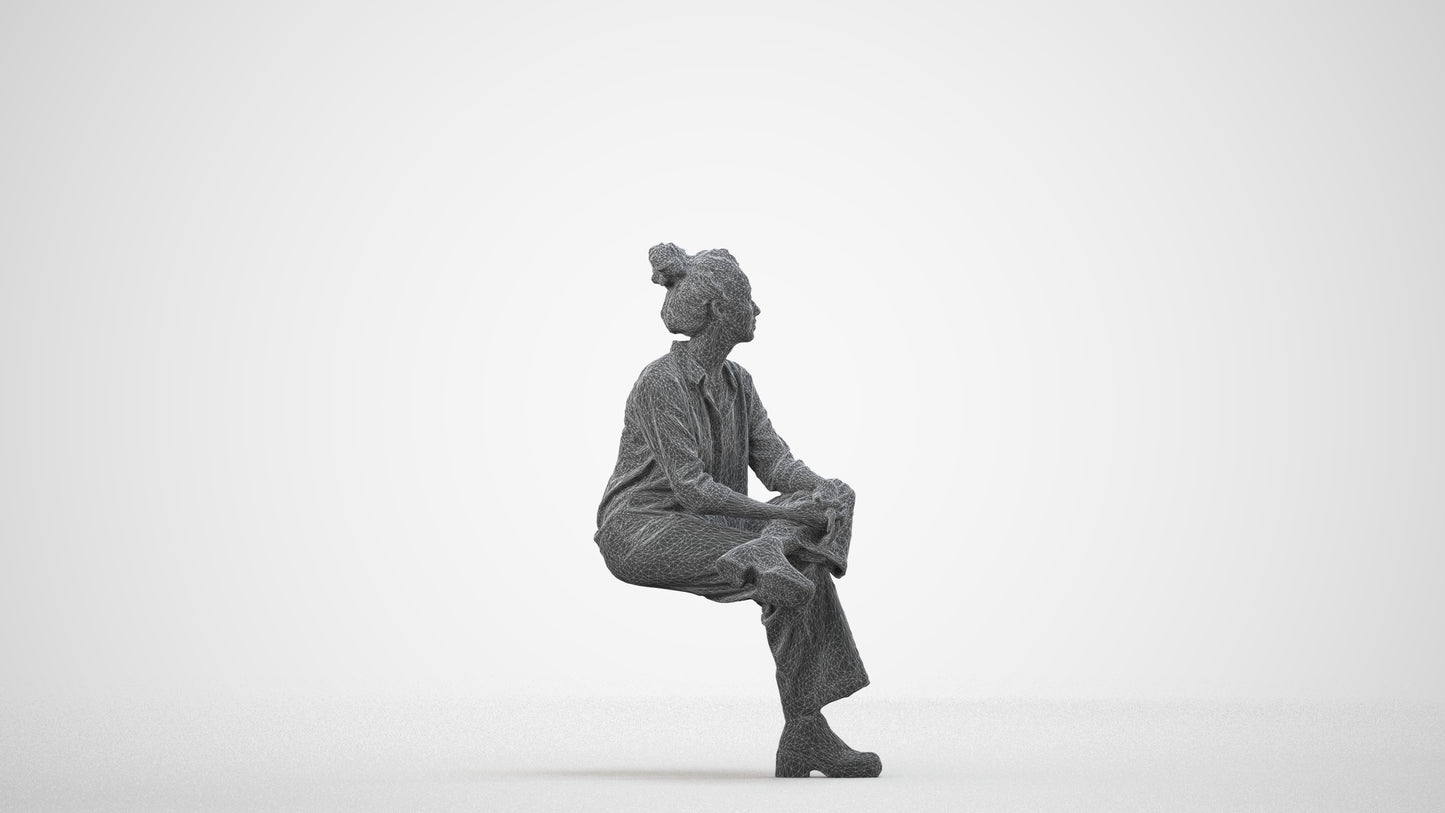 realistic 3D human woman casual sitting, archviz people FBX OBJ for Blender, wireframe side view