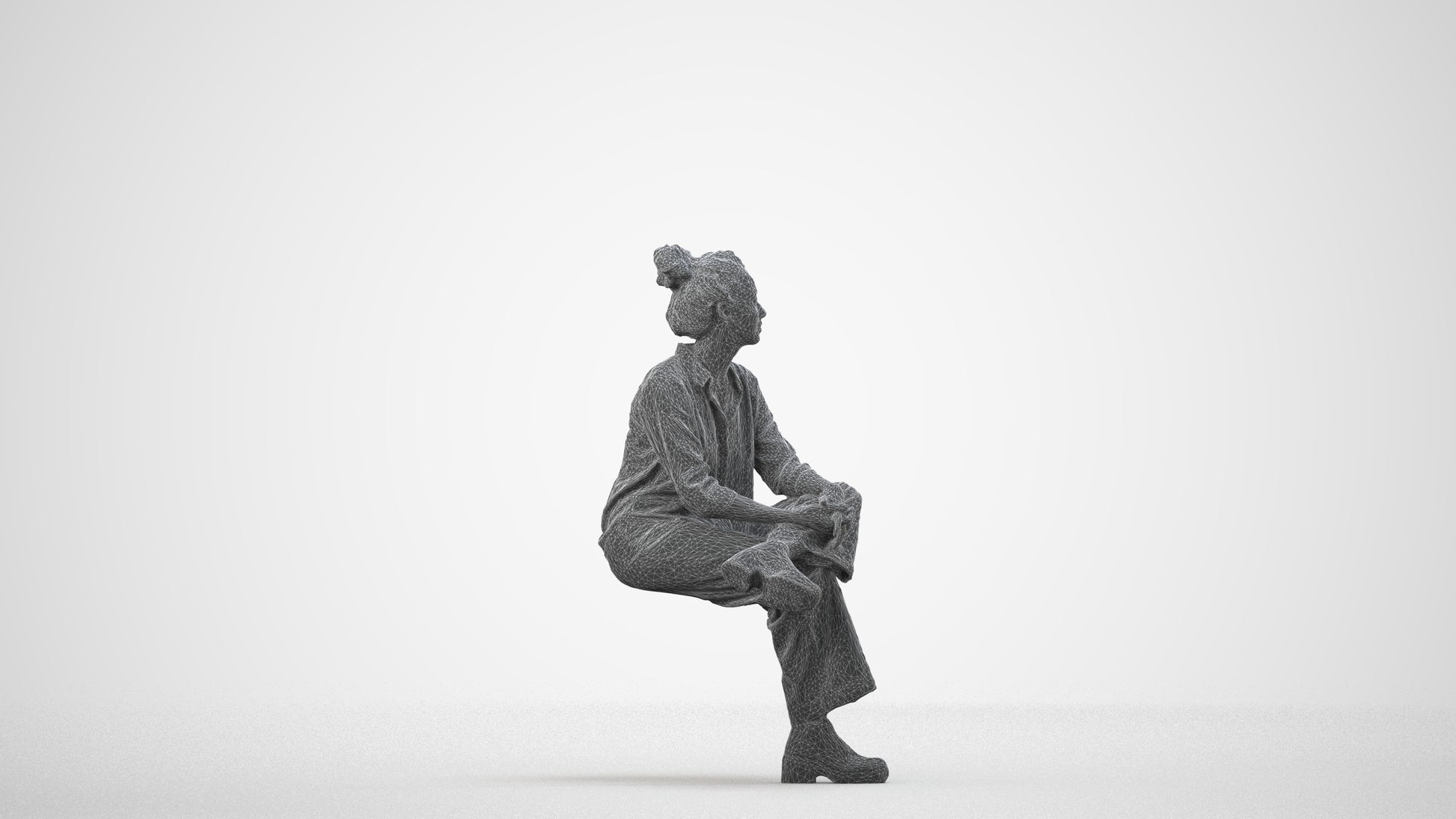realistic 3D human woman casual sitting, archviz people FBX OBJ for Blender, wireframe side view
