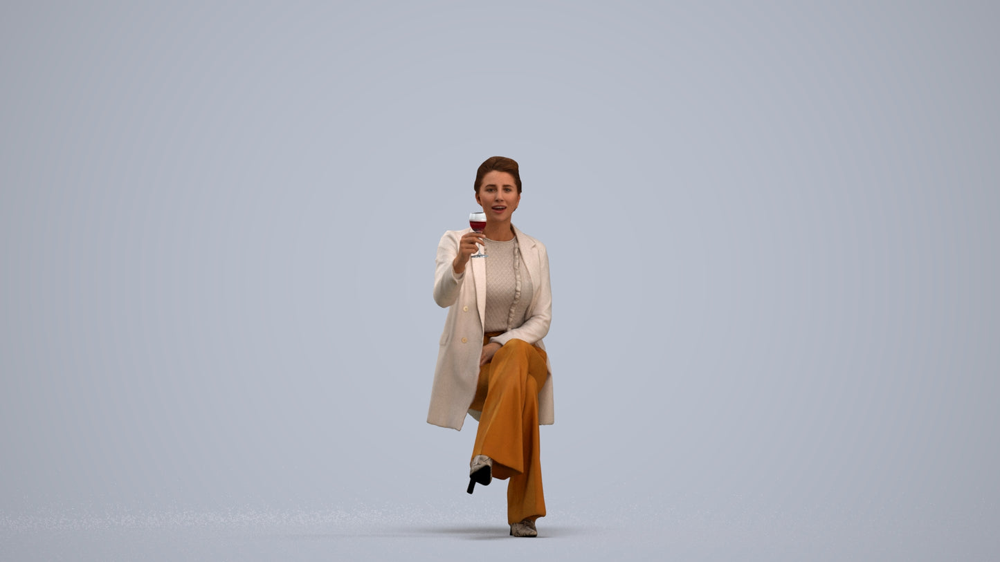 3D human model woman business sitting, photogrammetry scanned person for archviz, standing pose render