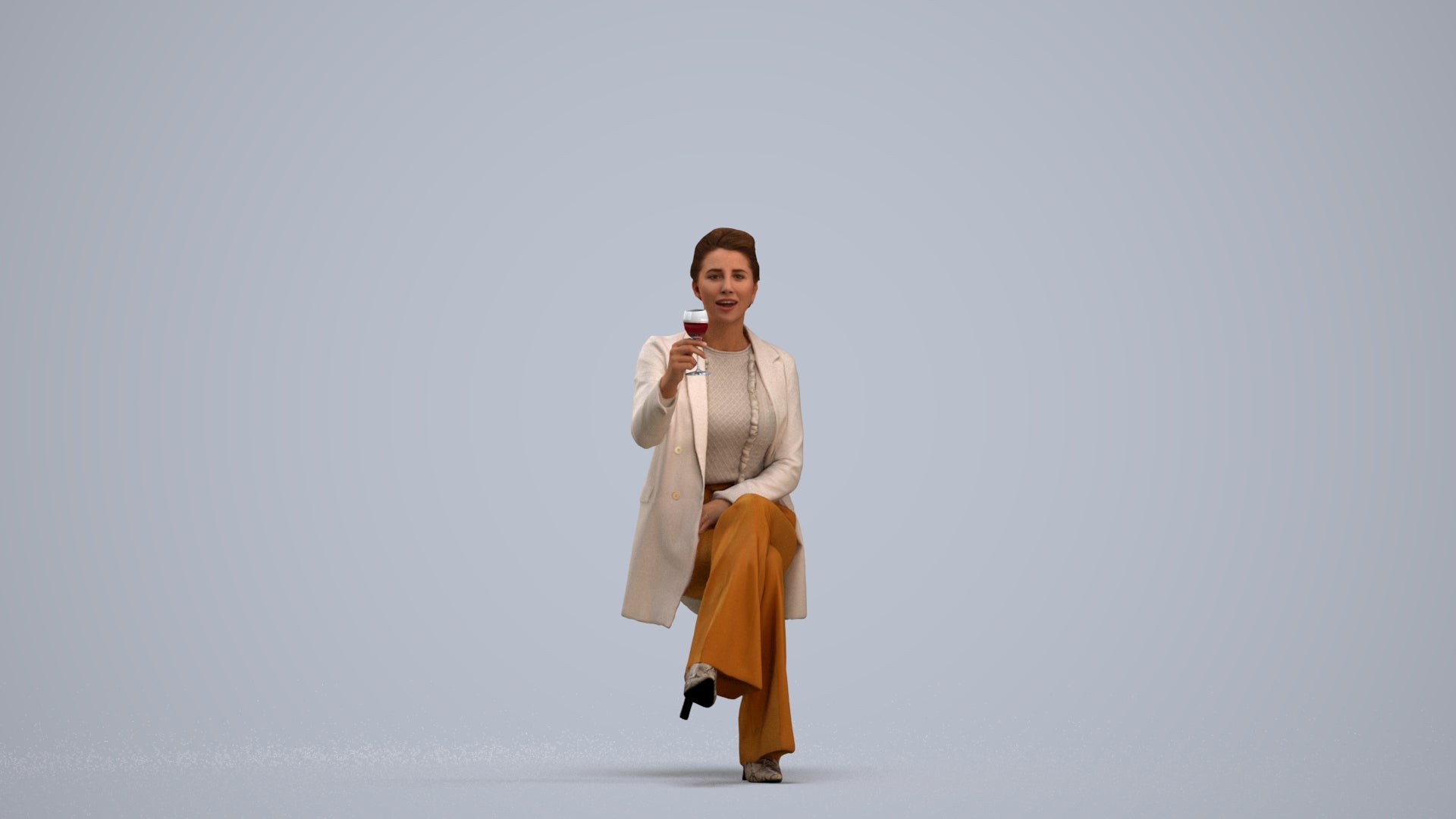 3D human model woman business sitting, photogrammetry scanned person for archviz, standing pose render