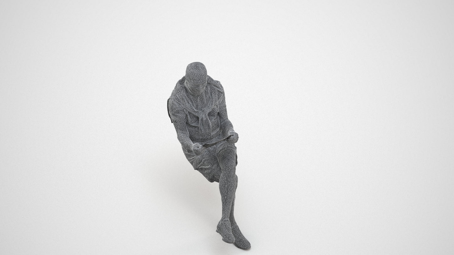 realistic 3D people senior man casual sitting, render-ready for V-Ray and Corona, FBX OBJ, wireframe three-quarter view