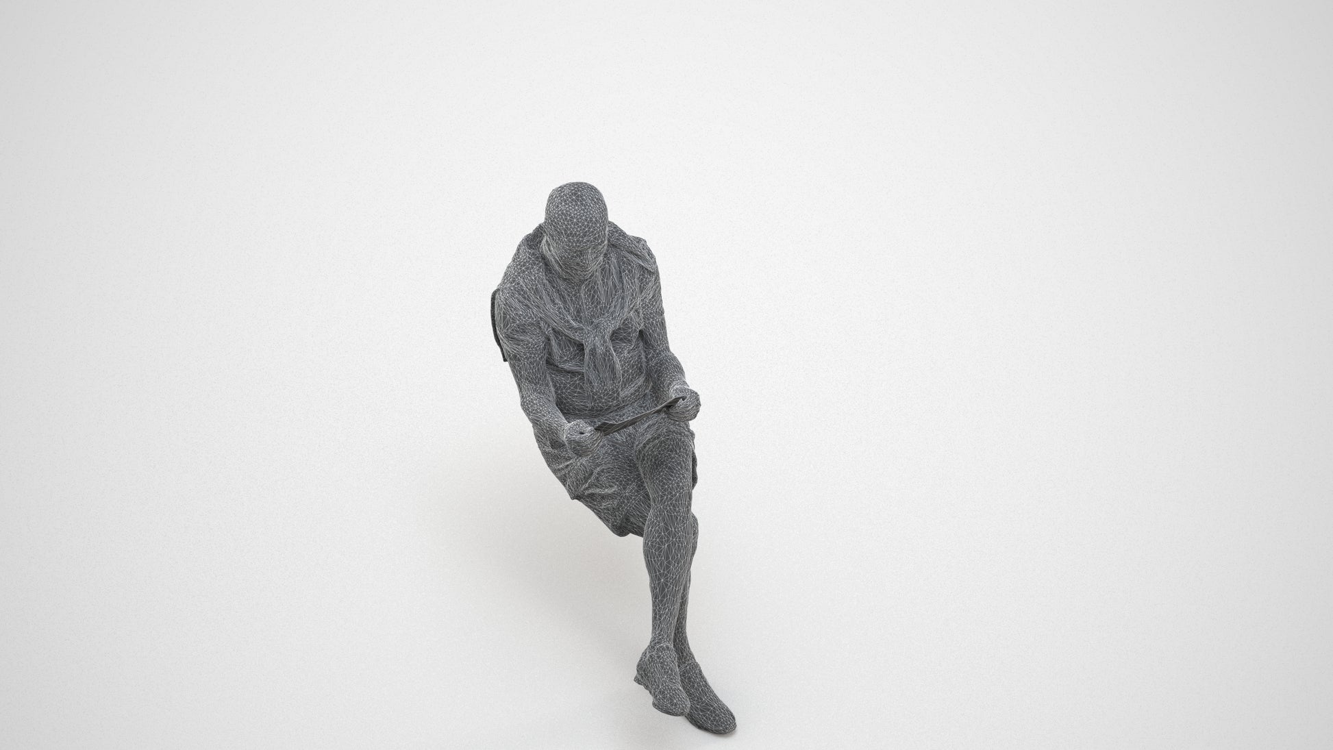 realistic 3D people senior man casual sitting, render-ready for V-Ray and Corona, FBX OBJ, wireframe three-quarter view