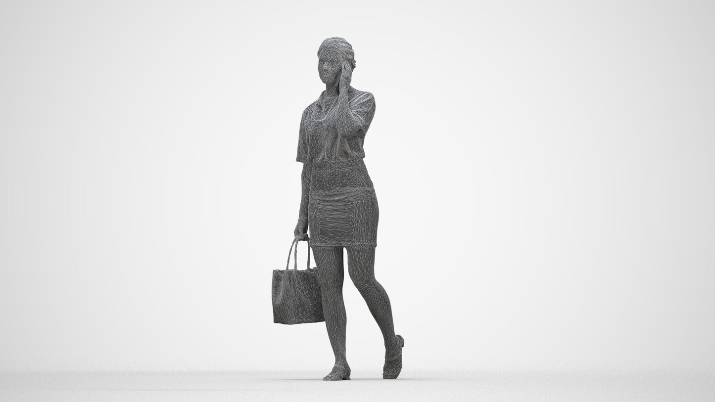 3D scanned woman shopping casual, photorealistic archviz people for Enscape and SketchUp, wireframe back view