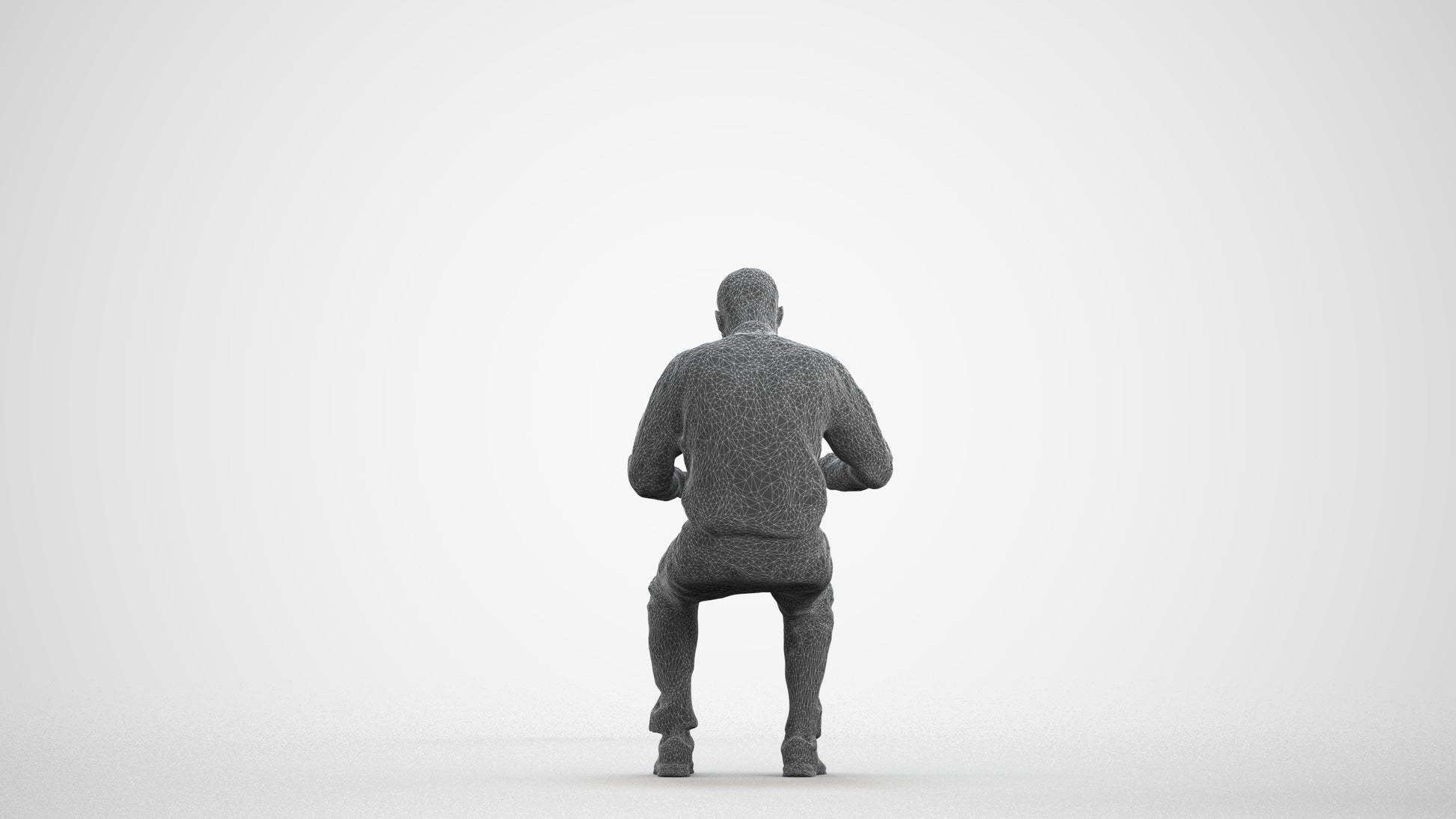 3D human model man casual sitting, photogrammetry scanned person for archviz, wireframe front view