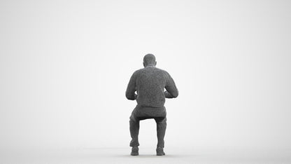 3D human model man casual sitting, photogrammetry scanned person for archviz, wireframe front view