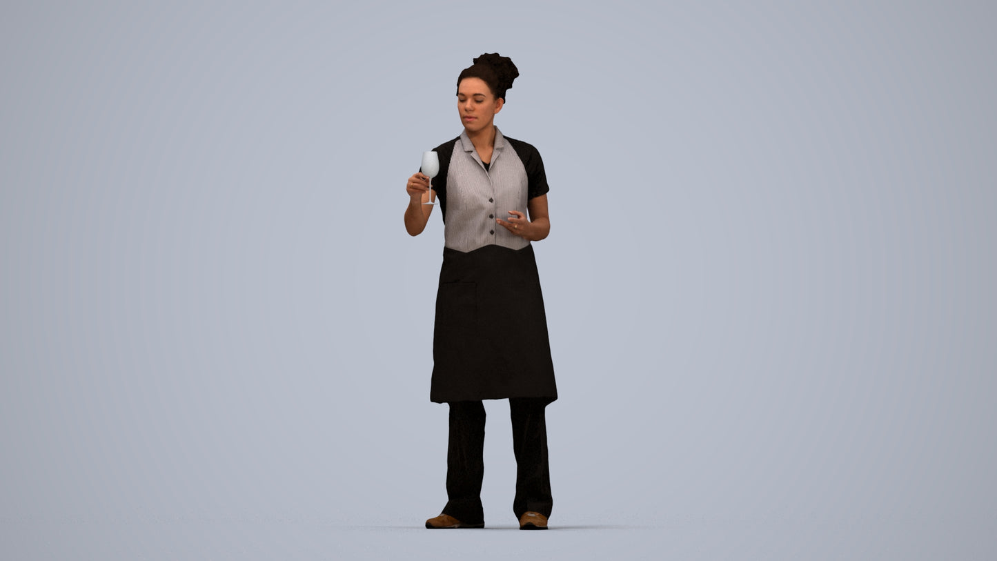 photogrammetry 3D woman hospitality, realistic human model archviz FBX, top-down view render