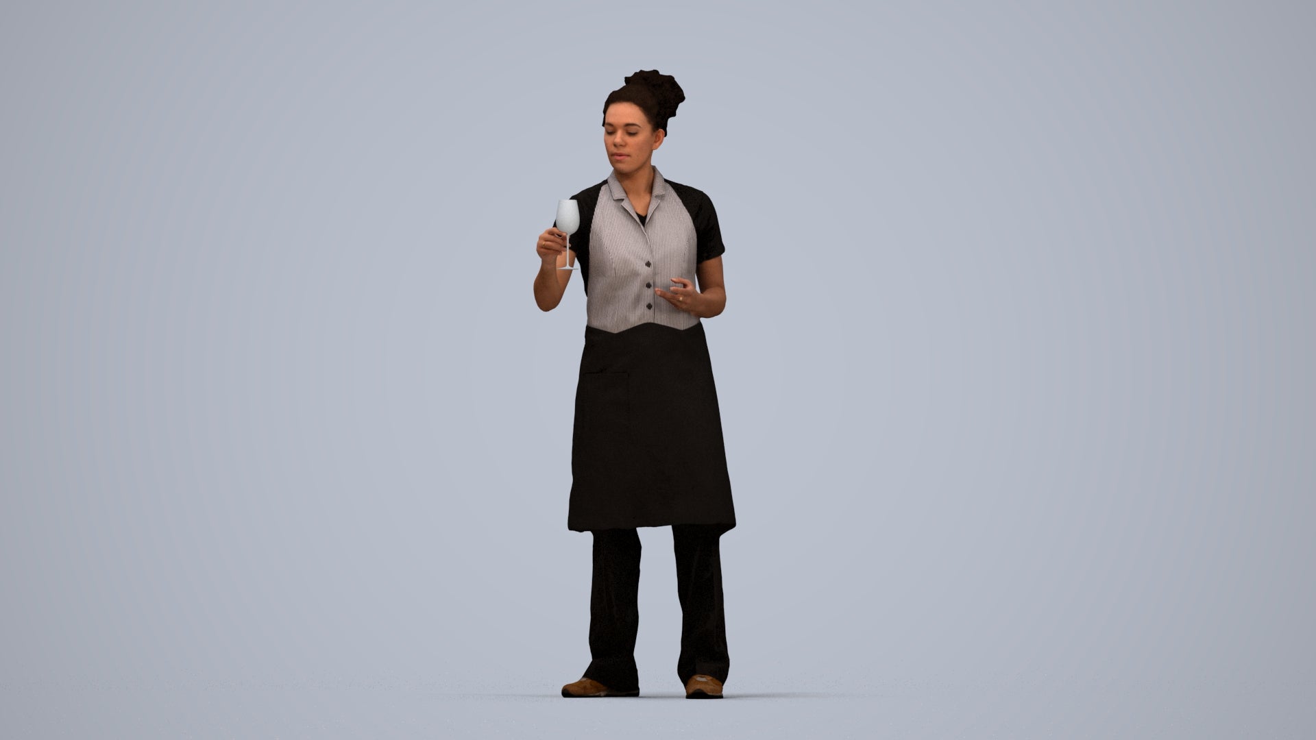 photogrammetry 3D woman hospitality, realistic human model archviz FBX, top-down view render