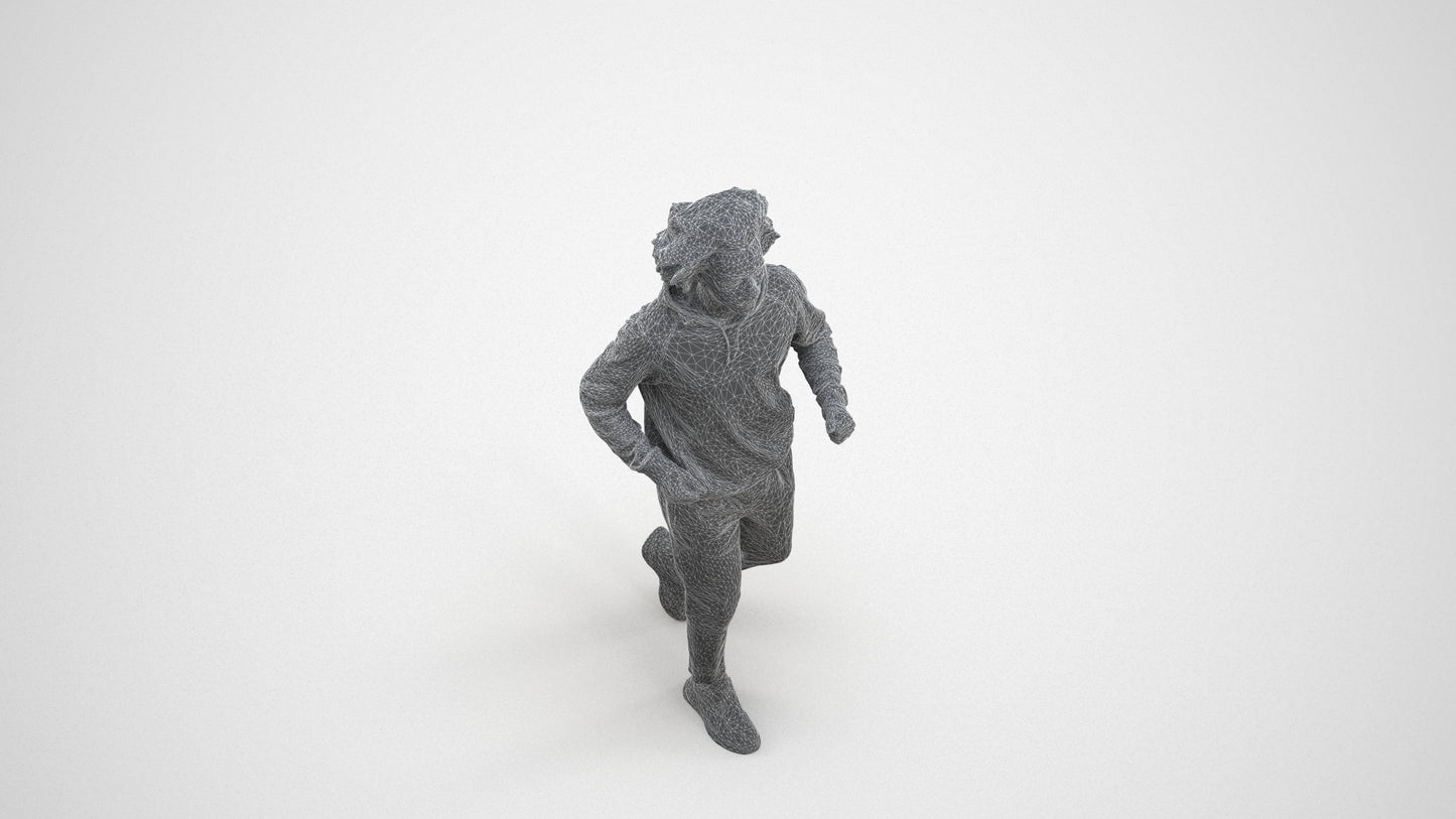 3D human model man sport, photogrammetry scanned person for archviz, wireframe three-quarter view