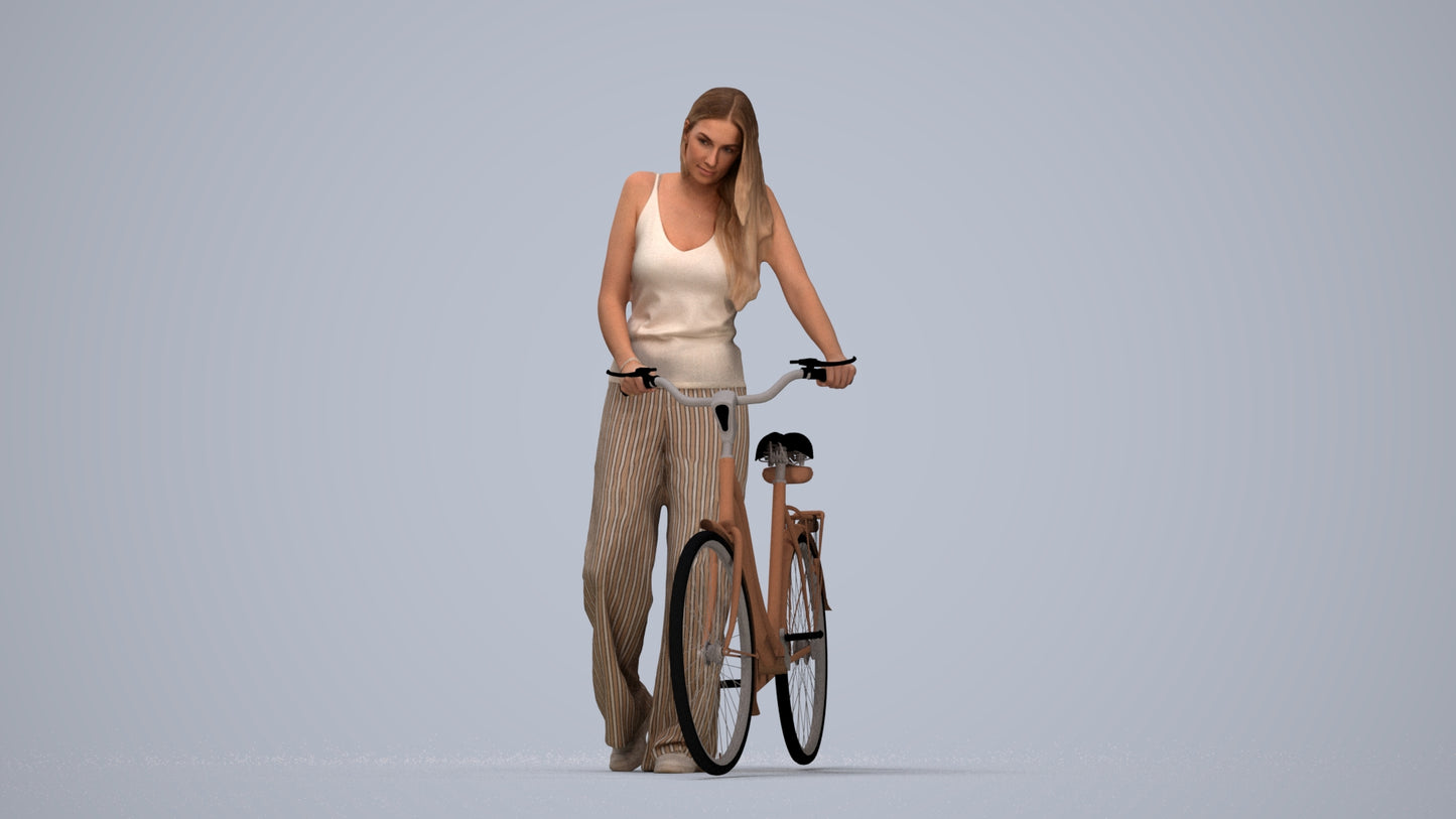 realistic 3D people woman casual cycling, render-ready for V-Ray and Corona, FBX OBJ, top-down view render