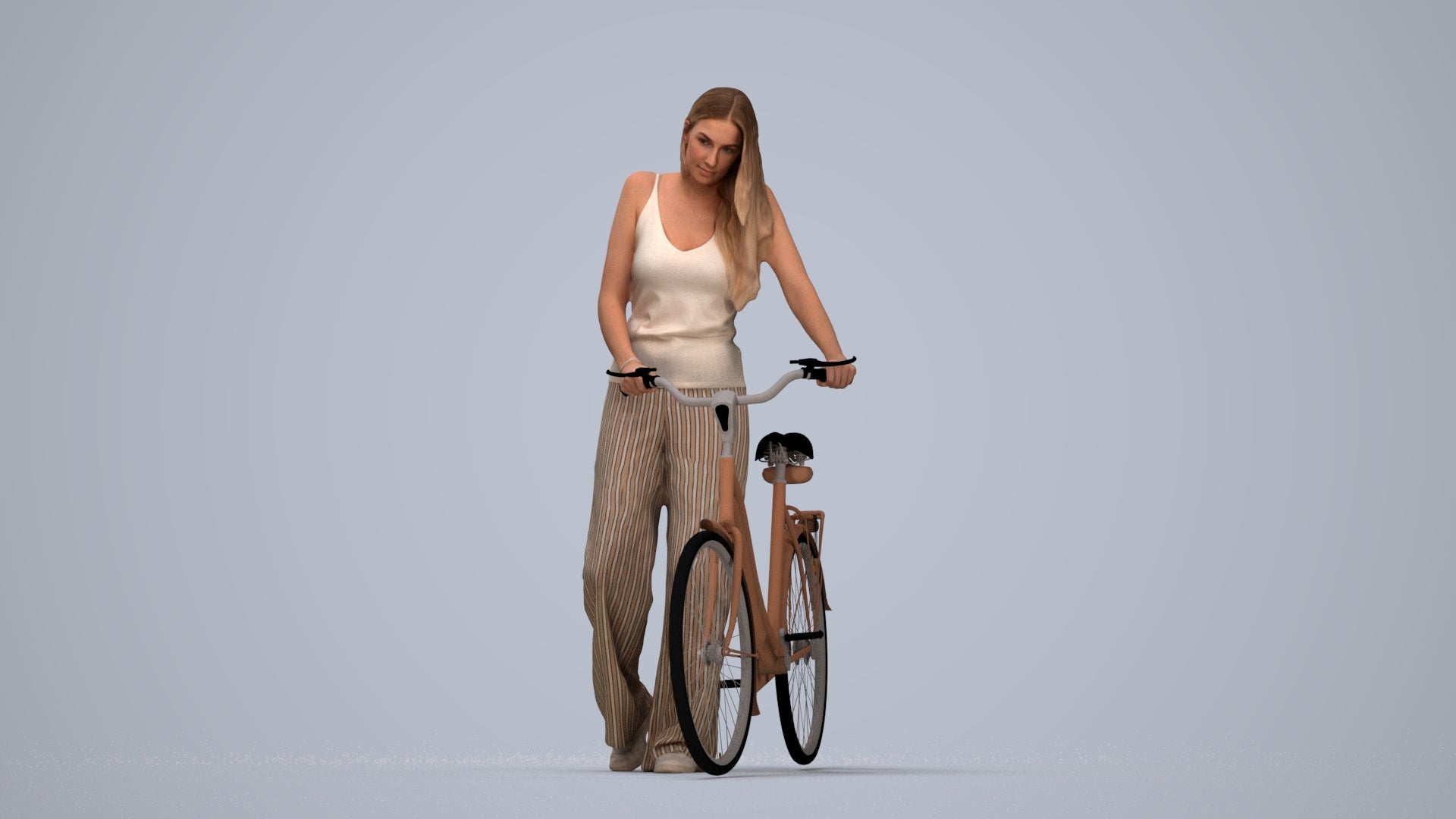 realistic 3D people woman casual cycling, render-ready for V-Ray and Corona, FBX OBJ, top-down view render