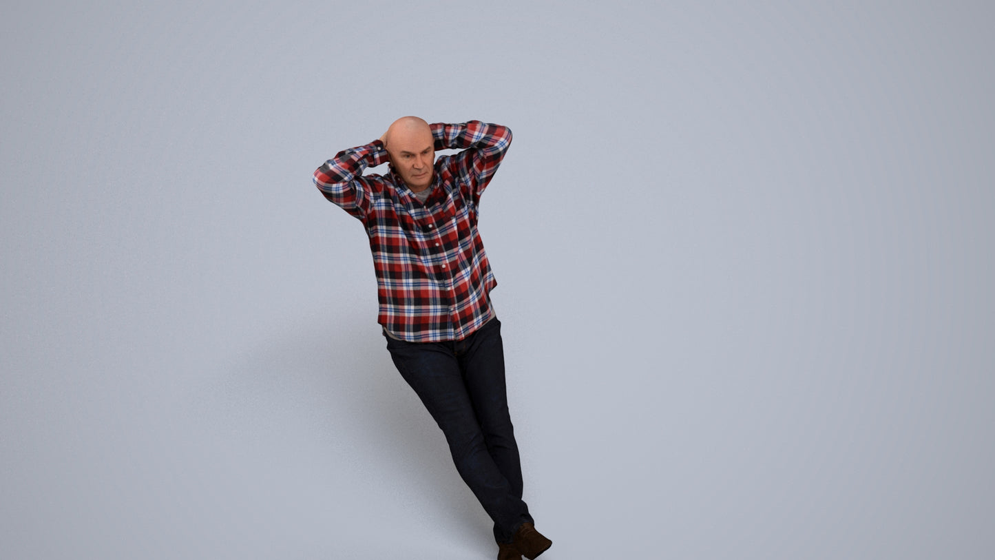 3D human model senior man casual sitting, photogrammetry scanned person for archviz, back view render