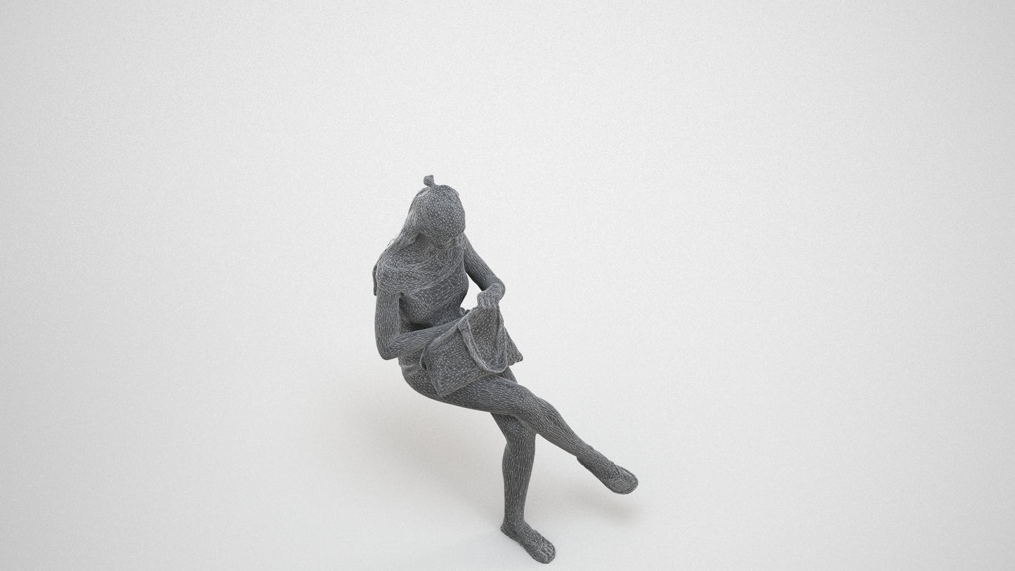 photogrammetry 3D girl casual sitting, realistic human model archviz FBX, wireframe three-quarter view