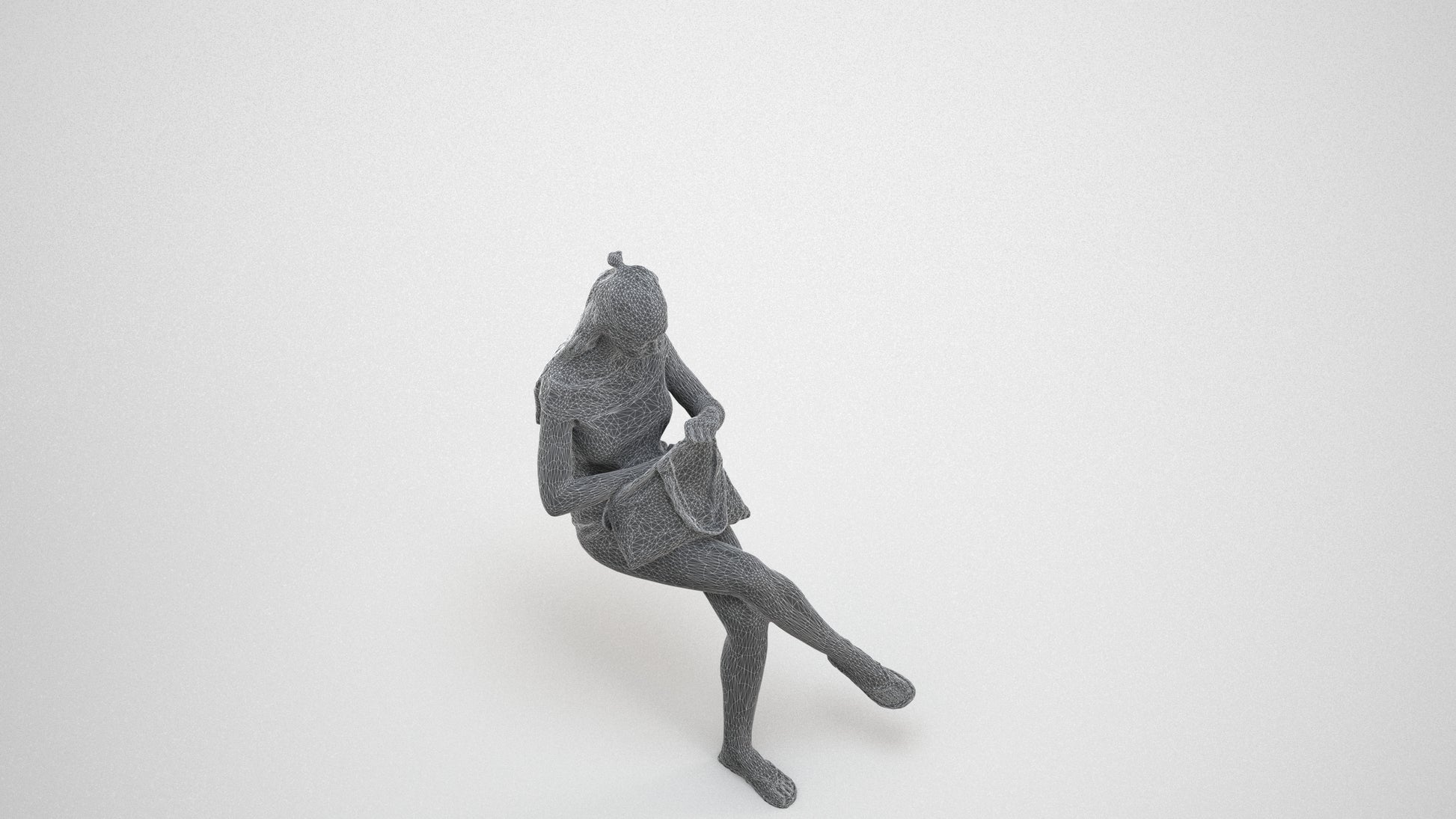 photogrammetry 3D girl casual sitting, realistic human model archviz FBX, wireframe three-quarter view