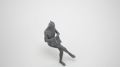 photogrammetry 3D girl casual sitting, realistic human model archviz FBX, wireframe three-quarter view