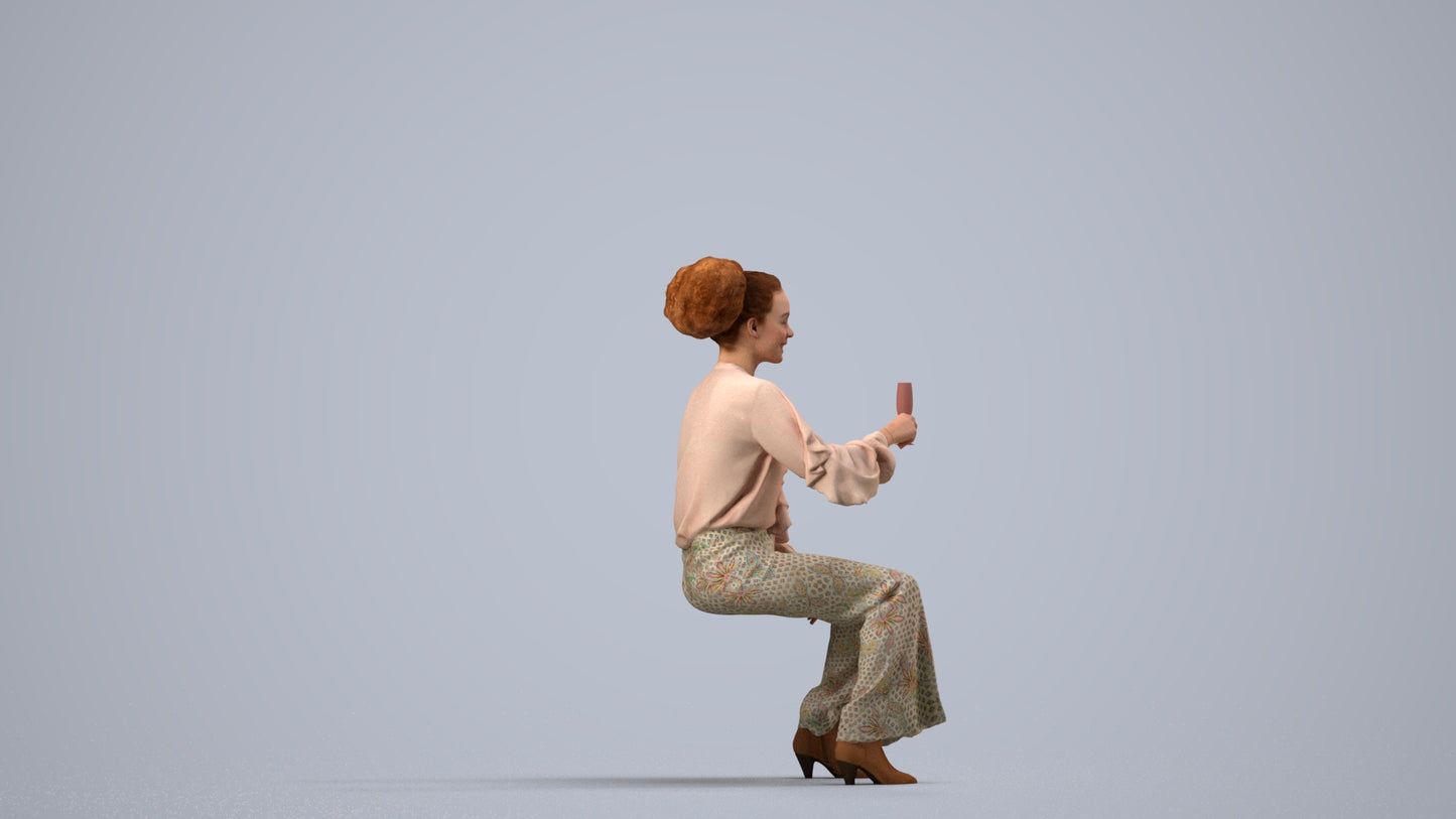 realistic 3D human woman casual sitting, archviz people FBX OBJ for Blender, side view render