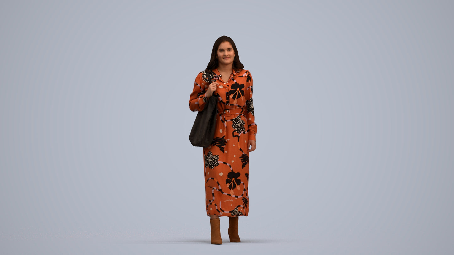 3D human model woman casual walking, photogrammetry scanned person for archviz, standing pose render