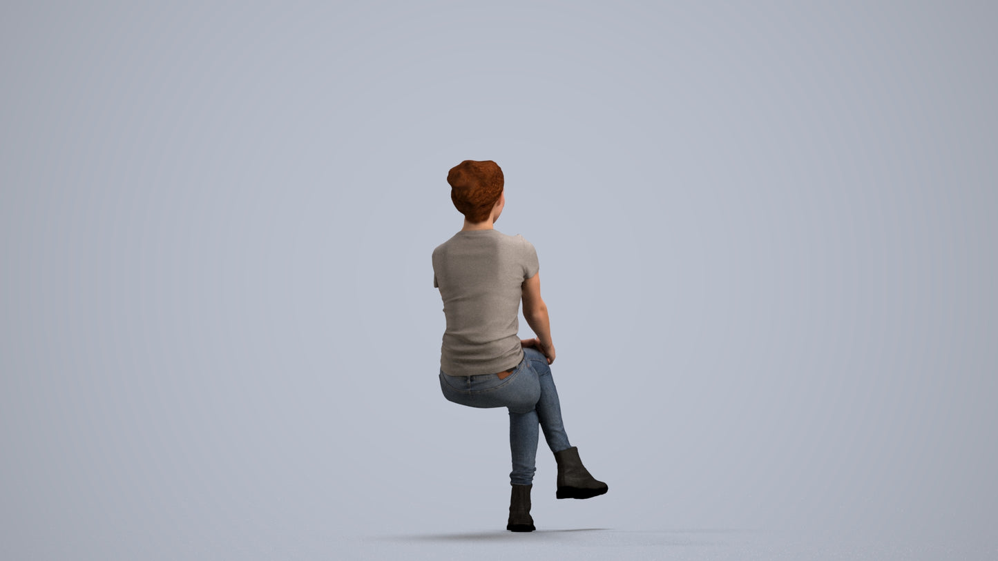 3D human model woman casual sitting, photogrammetry scanned person for archviz, front view render