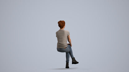 3D human model woman casual sitting, photogrammetry scanned person for archviz, front view render
