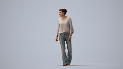 realistic 3D people woman casual walking, render-ready for V-Ray and Corona, FBX OBJ, three-quarter view render