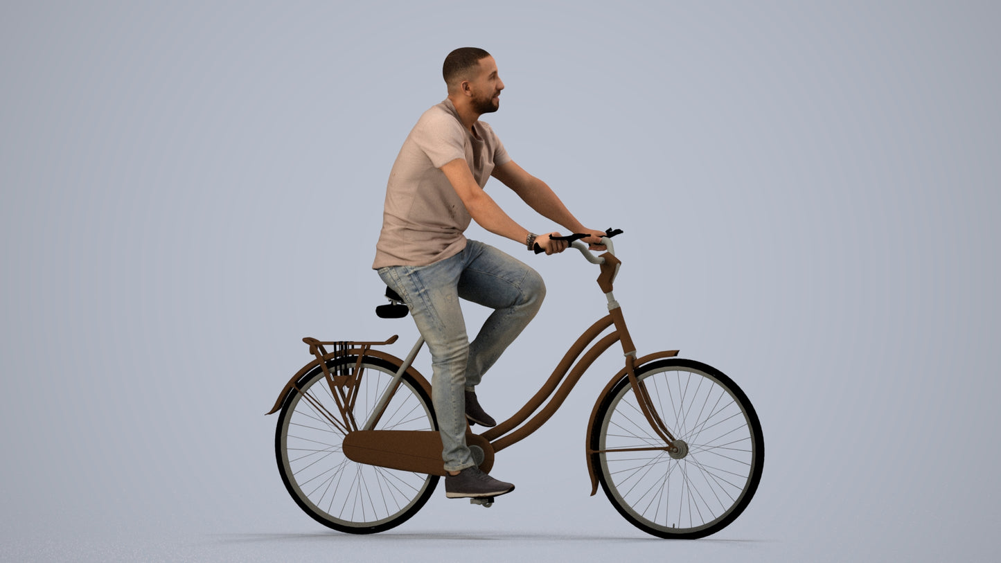 photogrammetry 3D man casual cycling, realistic human model archviz FBX, side view render