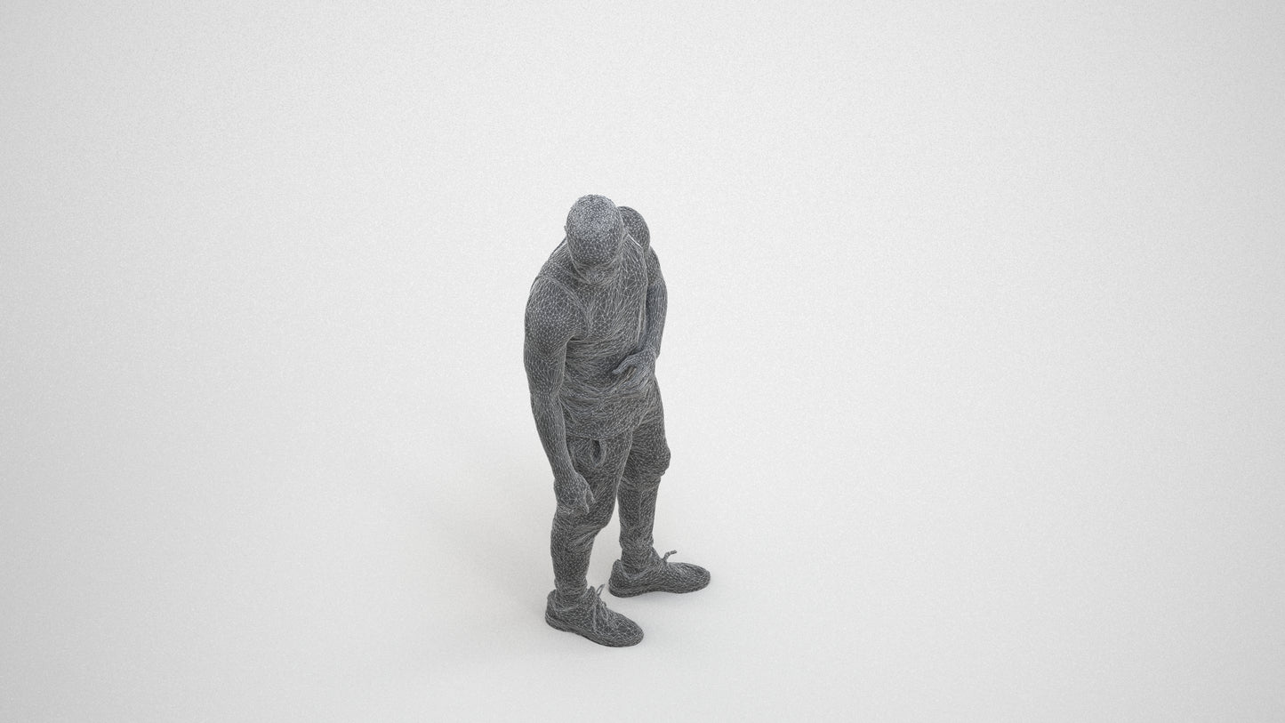 photogrammetry 3D man casual standing, realistic human model archviz FBX, wireframe three-quarter view